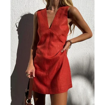 Cotton Linen Womens Dresses  Sexy V-Neck Sleeveless Basic Tank Dress Chic Elegant Ladies Dresses Summer Sale Vestidos Para Mujer 1