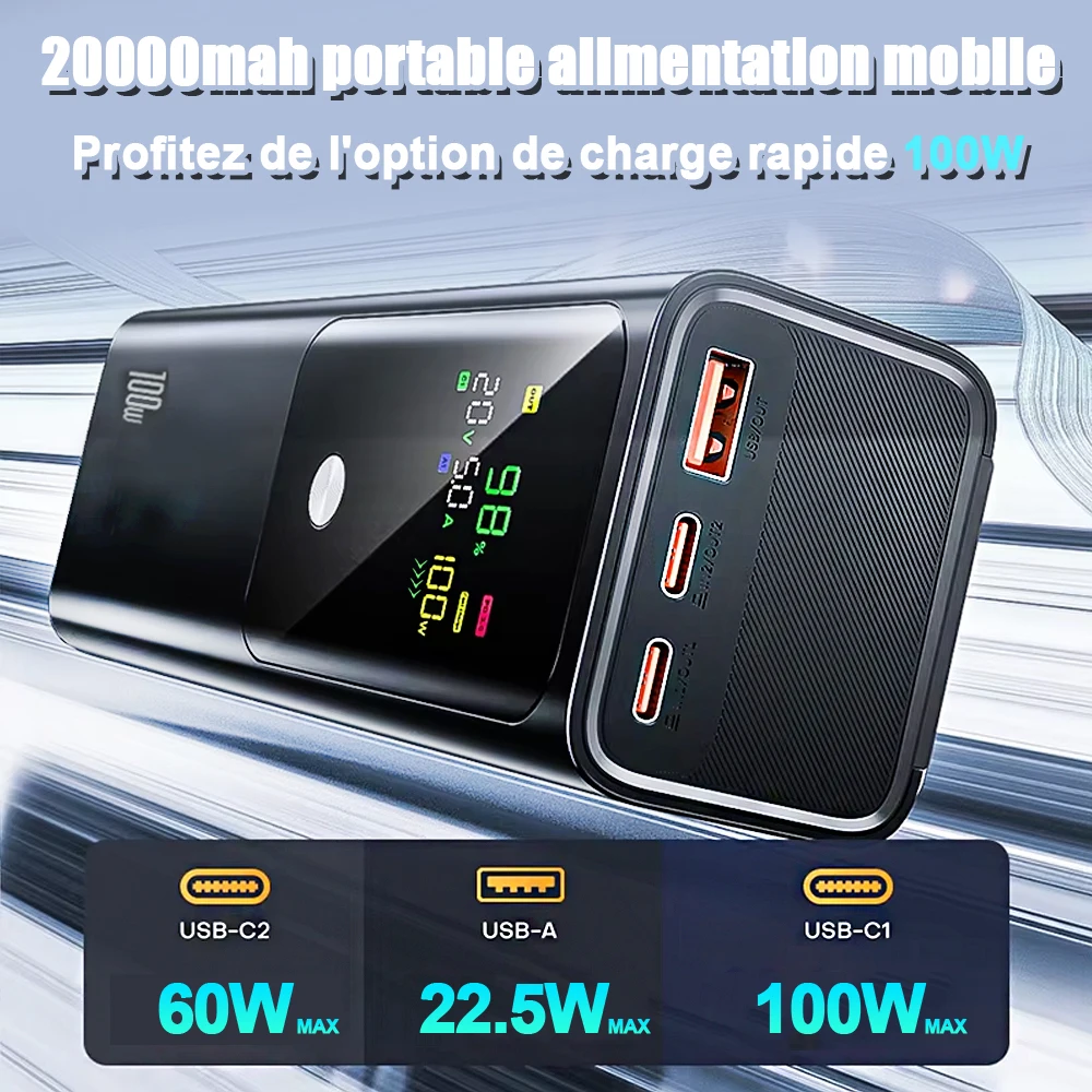 Ranwomen 20000mAh batterie externe haute capacité LED affichage numérique chargeur Portable batterie externe 100W charge rapide pour ordinateur Portable