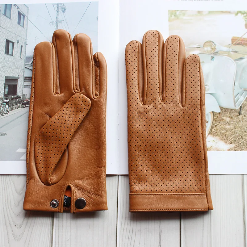 Men\'s 100% Real Leather Perforated Breathable Fashion Button Wrist Driving Golf Riding Touch Screen Short Gloves