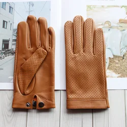 Men's 100% Real Leather Perforated Breathable Fashion Button Wrist Driving Golf Riding Touch Screen Short Gloves