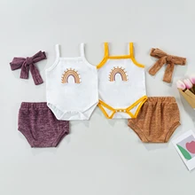 

3Pcs Baby Girls Clothing Summer Cotton Outfits Rainbow Embroidery Strappy Bodysuit Pantie Hairband for Toddlers 0-24 Months