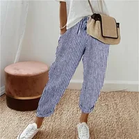Pantalon d'été transfrontalier européen et américain pour femmes, nouvelle mode, ample, imprimé à rayures, taille élastique, cordon de serrage, pantalons décontractés 6