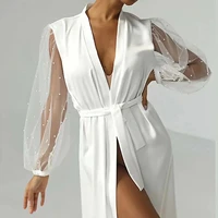 Bridal Gown with Pearl Tulle Robe Luxury High Grade Bathrobe Sexy Nightwear Women's Robe Silk Satin Pajamas Bride - Image 3
