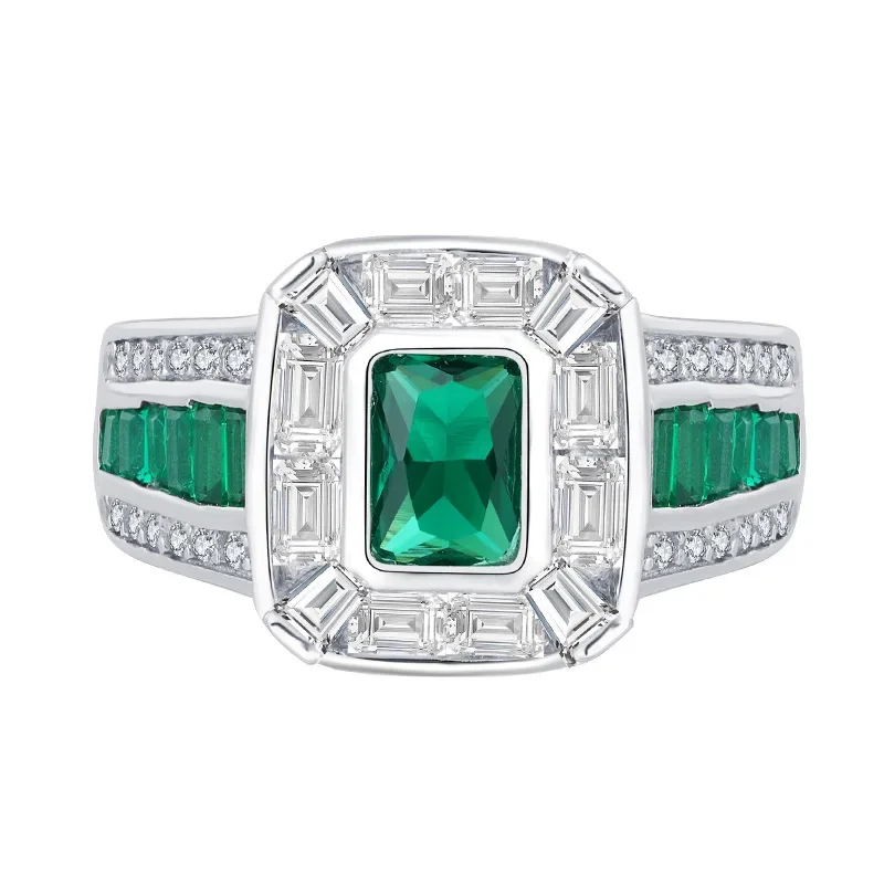 

S925 Silver Treasure White Diamond Green Diamond Classic Square Diamond Jade Ring Mother Lead Stone 5 * 7 Wedding Ring