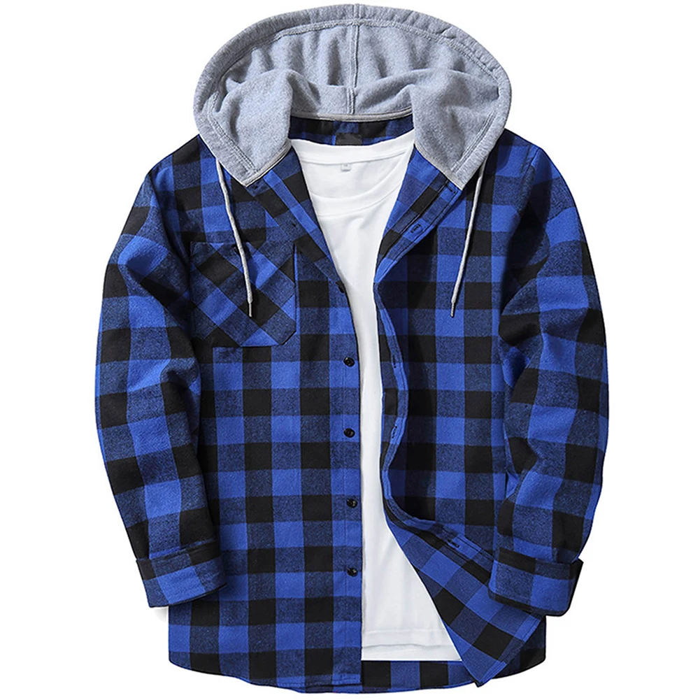 Men Plaid Long Sleeve Hooded Shirts Button Work Drawstring Casual Tops Cardigan Button Down Work Coat Tops Hoodie