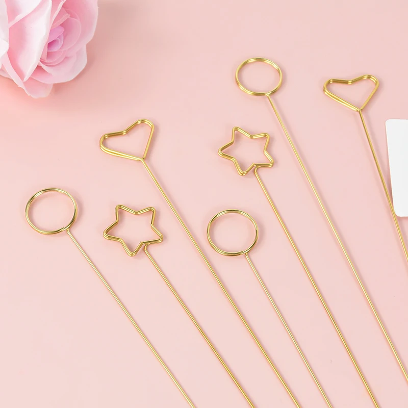 10pcs Gold Card Holder Stick Star Heart Flower Bouquet Cake Card Stick Clips Wrapping Supplies Wedding Birthday Party DIY Decor