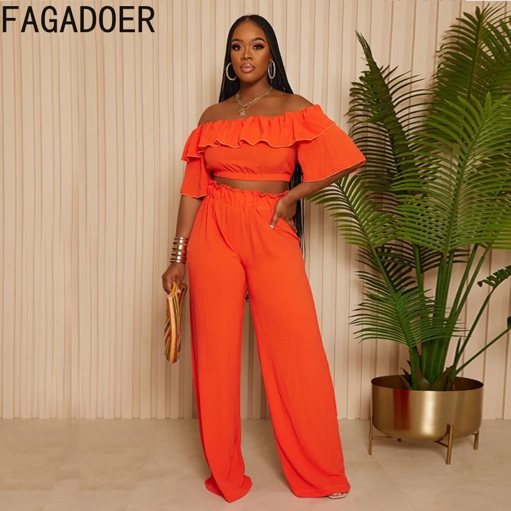 FAGADOER Elegant Lady Ruffle Off Shoulder Short Sleeve Crop Top+Wide Leg Pants Two Piece Sets Female Solid Matching 2pcs Outfits