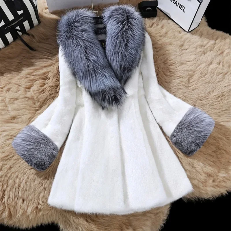 Woman Winter Fox Fur Collar Fur Coat 2024 New Mid-length Mink Fur Slim Fit Temperament Large Size Fashion Coat Women Clothes