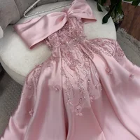 Customized Exquisite Off the Shoulder Lace Sequined Appliques Evening Dress Elegant Pink Satin A-Line Saudi Arabia Party Dresses 1