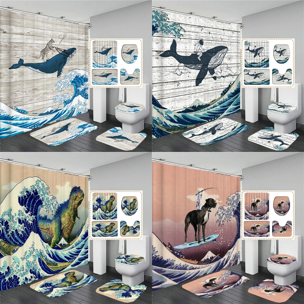 

Funny Creative Cat Dog Sea Wave Printed Shower Curtain Set Bathroom Curtains Non-Slip Rugs Toilet Lid Cover Bath Mat Home Decor