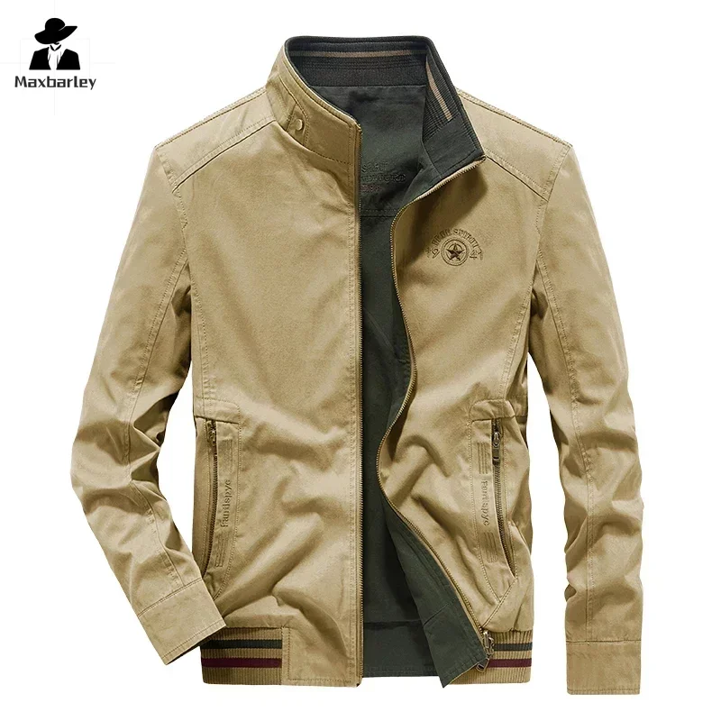 Spring Tactical Men's Jacket Embroidered Standing Neck Business Casual Coat 100% Cotton Double Sided Wearable Pilot Jacket 8XL