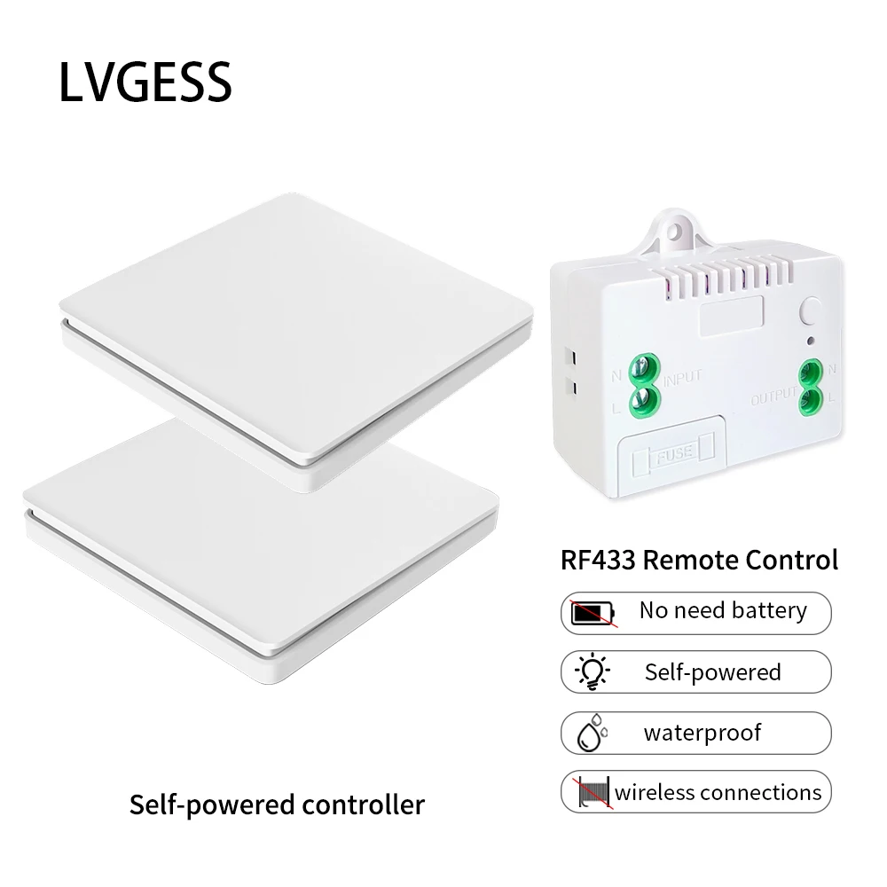 Switch Wireless Remote Controller 2 Way RF433 Push Button Wall Panel Waterproof Self-powered Home Improvement Light Switch Set