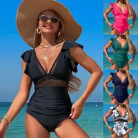 2025 Women 's Tummy Control One Piece Swimsuits Ruched Bathing Suits Strappy V Neck Monokini Solid Swimwear Woman