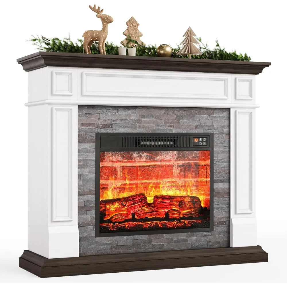44" Electric Fireplace with Mantel, Portable Freestanding Wood Stove Heater, Realistic 3D Dancing Flame Effect ,White&brown