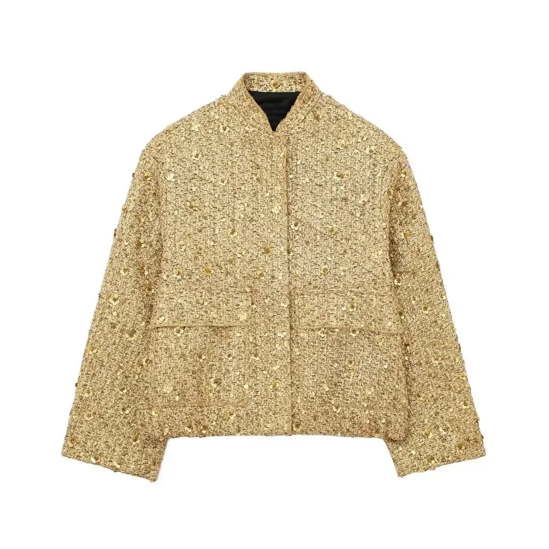 Suninheart Women's Sequined Bomber Jacket Fall O Neck Long Sleeve Pocket Stretch Hem Sequins Jacket Coat Female Chic Outerwear 6