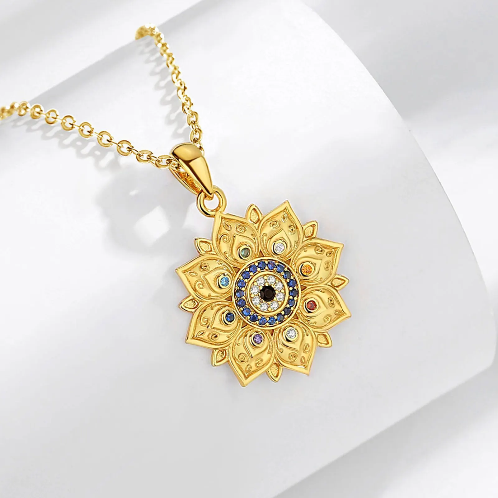 Eudora 925 Sterling Silver Lotus Evil Eye Necklace for Women Man 18K Gold Flower 7 Chakras Amulet Pendant Personality Jewelry