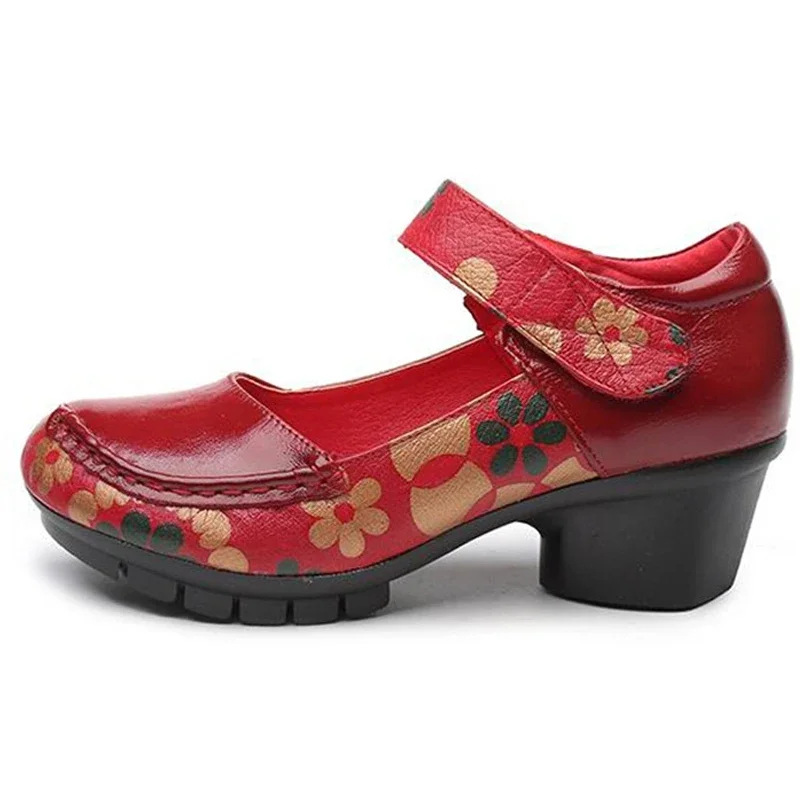 TIMETANG Soft Med Heels Vintage Style Genuine Leather Shoes Personality Casual Women's Pumps Summer Cowhide Retro Floral Handmad 6