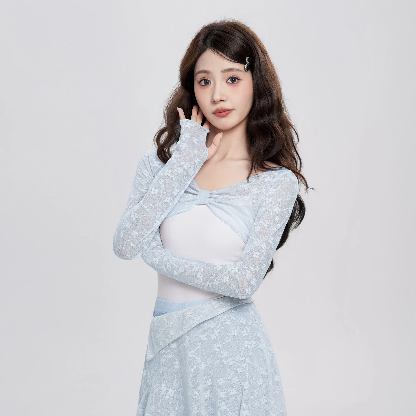 여성 플로럴 레이스 플리츠 보우 댄스탑 긴팔 풀오버 블라우스 소녀용 부드러운 얇은 튤 캐주얼 티셔츠 요가 트레이닝 크롭탑