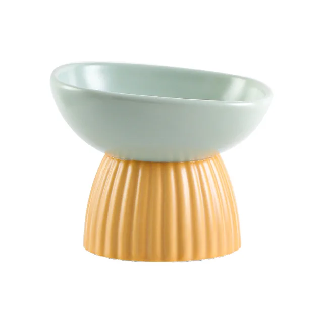 Cartoon Cat Bowl Ceramic Cute Pet Feeders High Footed Slanted Pet Bowl To Prevent Tipping Over