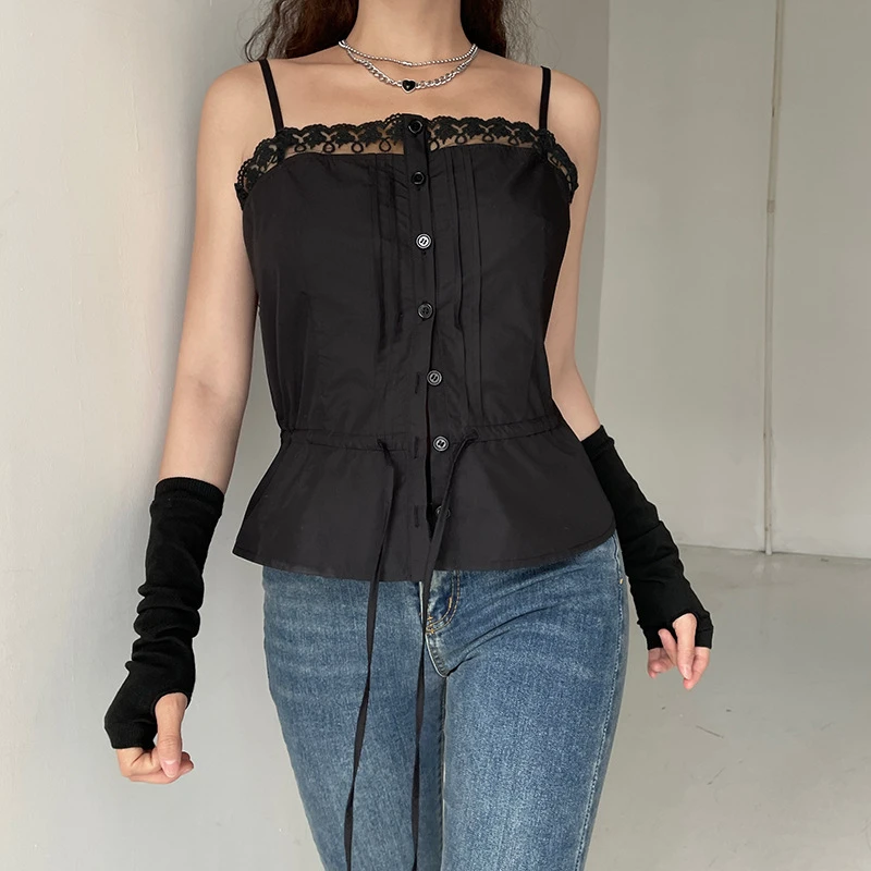 Summer Fashion Slim Sexy Club Patchwork Lace Single-breasted Lace-up Girl Camis Backless Women Strap Tank Top Corset Black |