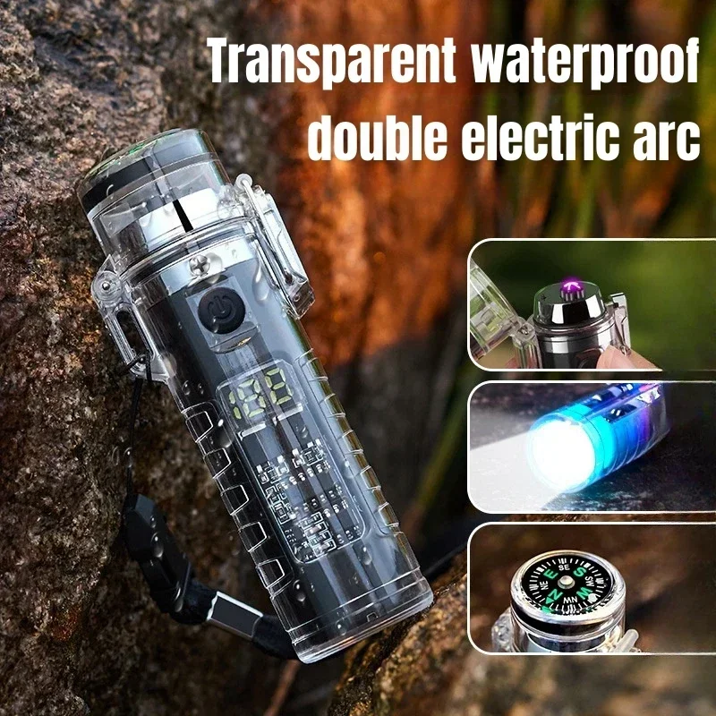 Outdoor Camping Compass Waterproof Electric Dual Arc Type-C USB Lighter Multi-Function Flashlight Survival Ignition Tool