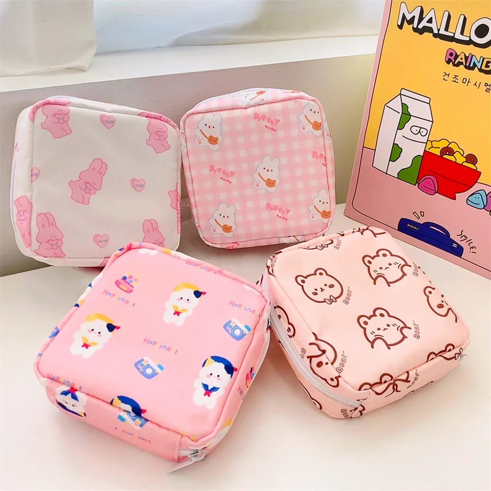 Sanitary Napkin Bag Women Girls Kawaii Cosmetic Makeup Tampon Bear Napkin Pouch Storage Bag Coin Purse Mini Data Cables Organizer