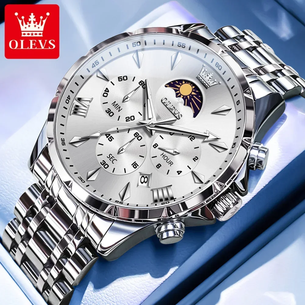 OLEVS Men's Stainless Steel Waterproof Quartz Watch with Moon Phase and Luminous Calendar