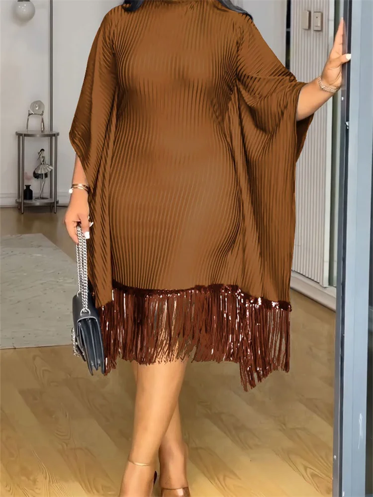 Wmstar Plus Size Dresses for Women Wholesale Sequined Tassel Batsleeve Elastic Body Hugging Dress New Style Dropshopping