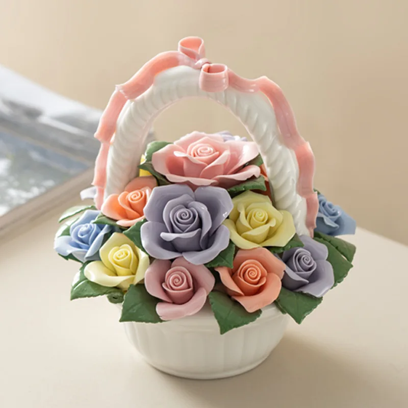 Keramik Blumen Ornament Kawaii Simulation Blumenkorb Ornamente handgemachte Mini Blumenkorb Home Decor Büro Schreibtisch Dekoration – Detail 7