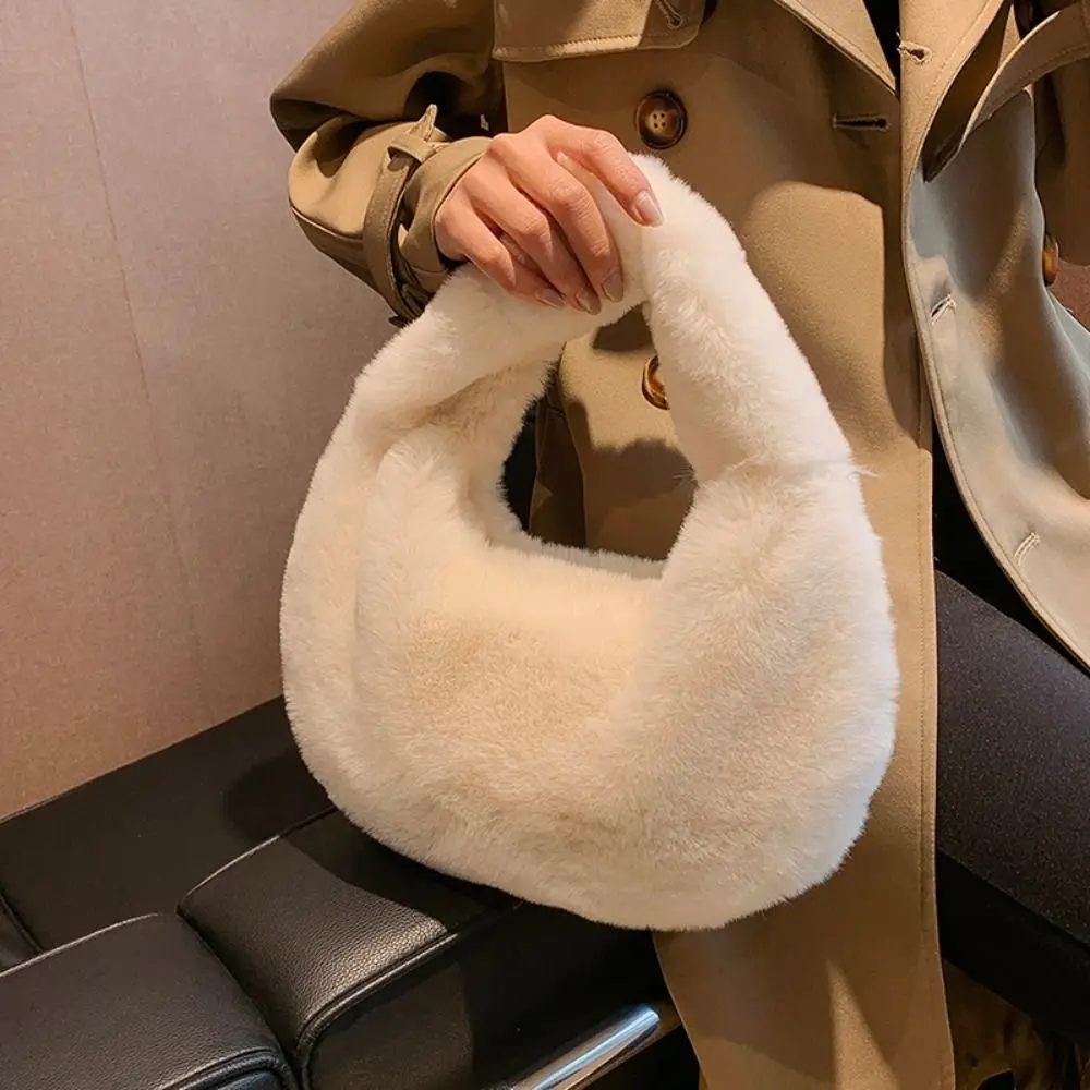 

Solid Color Plush Dumpling Bag Handabg Niche Design Small Phone Bag Korean Style Tote Bag Faux Rabbit Fur Handbag Women