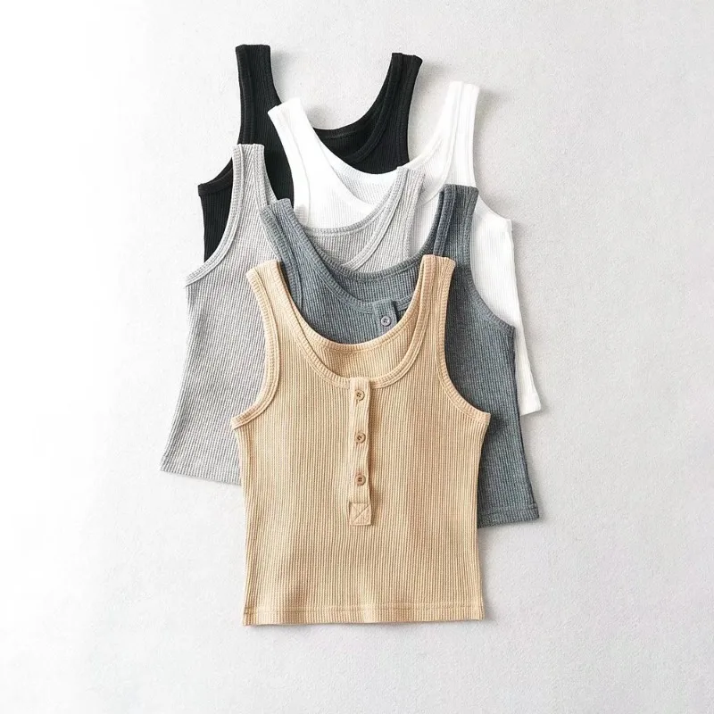 

Summer New European and American Style Solid Color Short Sling Hot Girl Suspender Top Female Waffle Three Button Vest