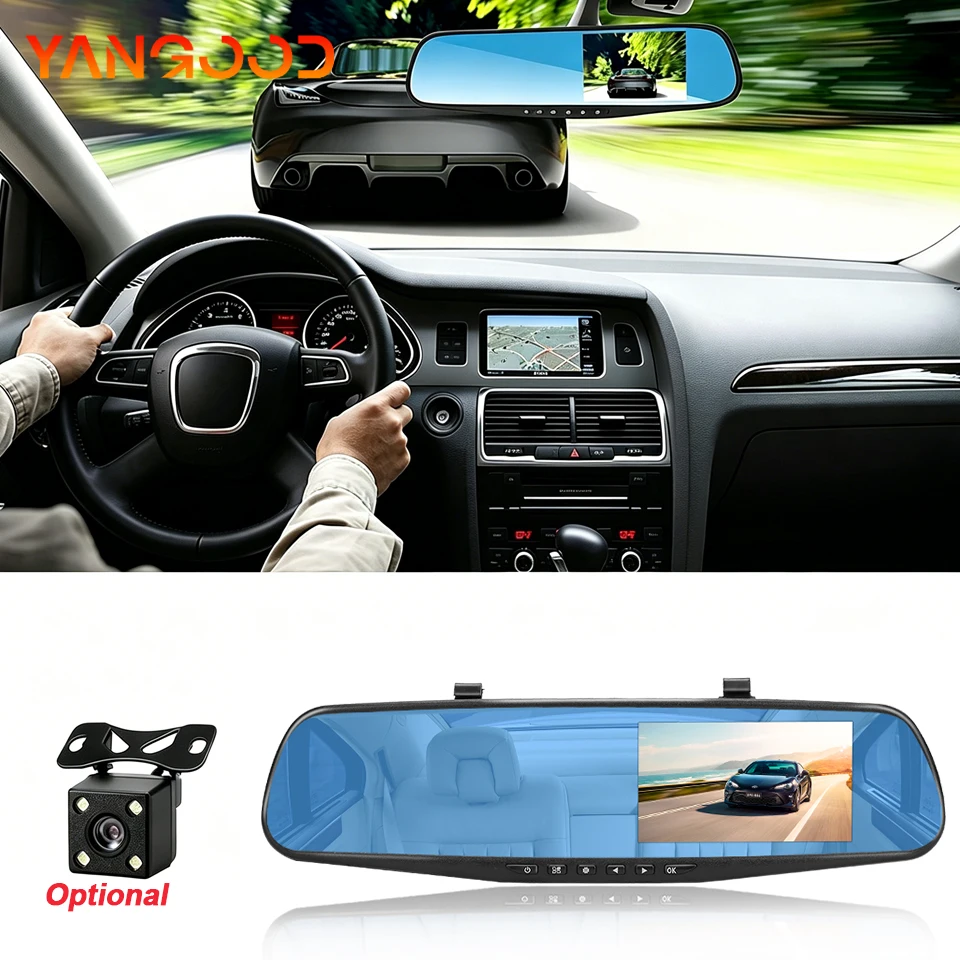 מצלמת דרך 4.3 אינץ' עם מראה, מקליט HD 1080P, עדשה כפולה, מצלמה אחורית אופציונלית לרכב, ראיית לילה וקווי סיוע לחניה