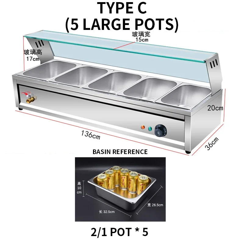 Buffet Food Warmer Stainless Steel 3-12 Pans with Glass Shield Commercial Countertop Bain Marie Electric Steamer Cooker