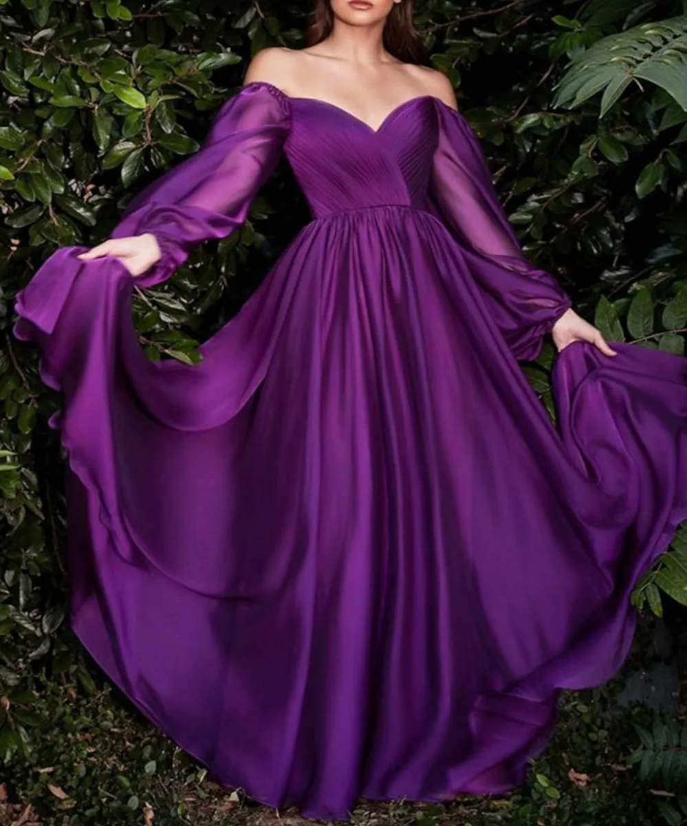 

Sexy Grape A-line Evening Party Dresses for Women Puff Long Sleeve Pleats Sweetheart Chiffon Prom Formal Gowns Robe De Soiree