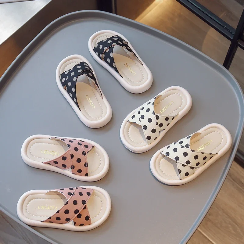 Girls Polka Dot Summer Slippers Kids Open Toe Flat Shoes