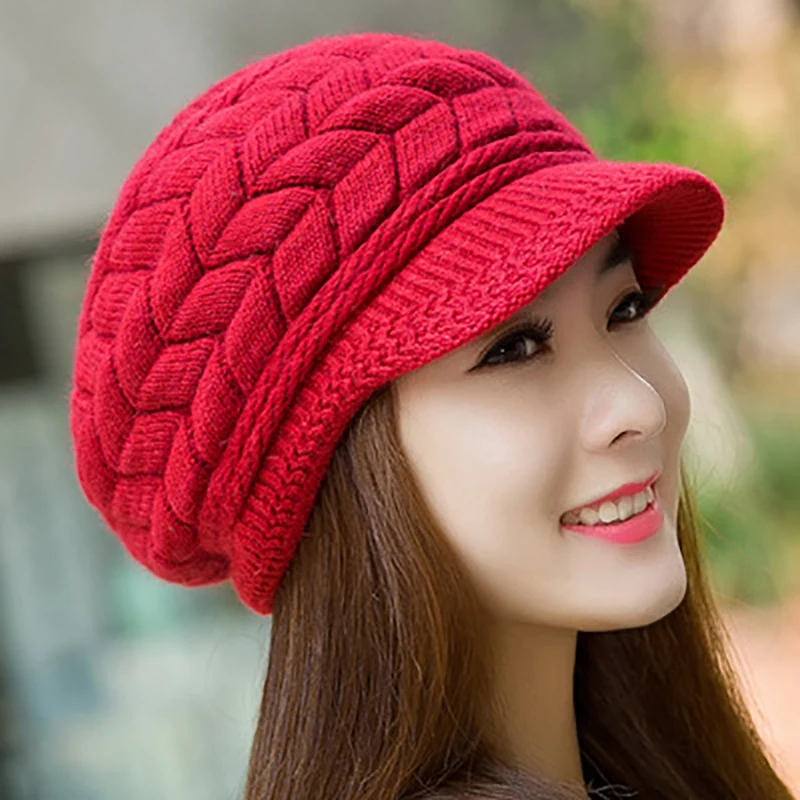 Women's Hats Winter Warm Knitted Hat Rabbit Hair Double Layer Plus Velvet Cap Visor Beanies For Women Casual - 4