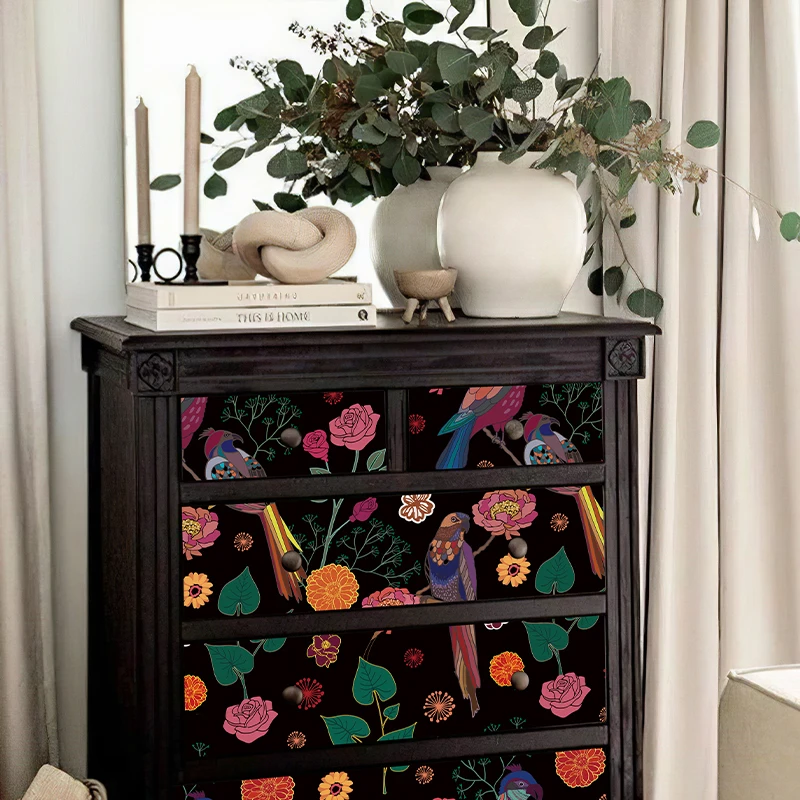 Colorful Flower Parrot Black Wallpaper Waterproof Peel And Stick PVC Flower Birds Wallpaper Retro Dark Vinyl Cabinet Sticker