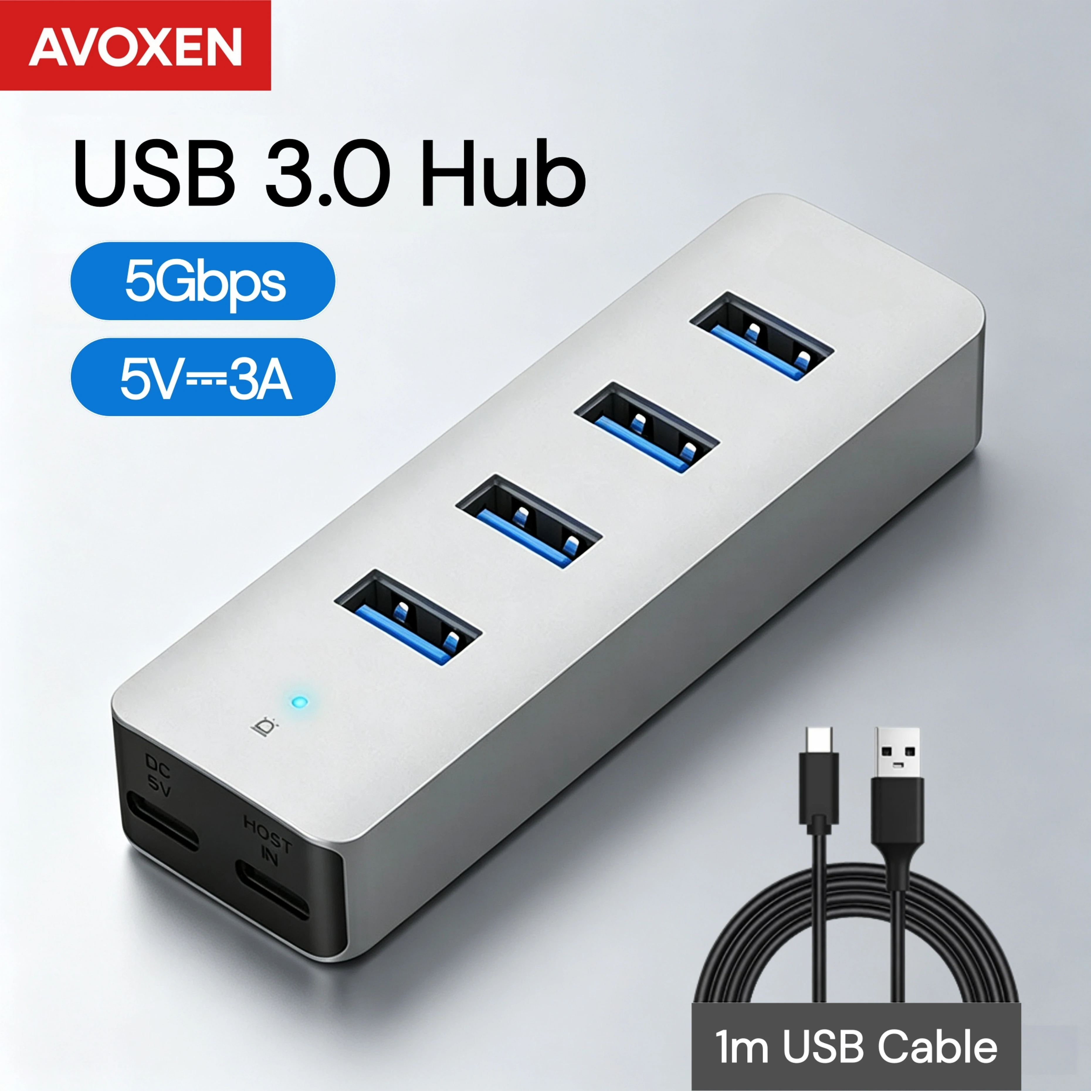High-Speed 4-Port Aluminum USB 3.0 Hub with Long Cable