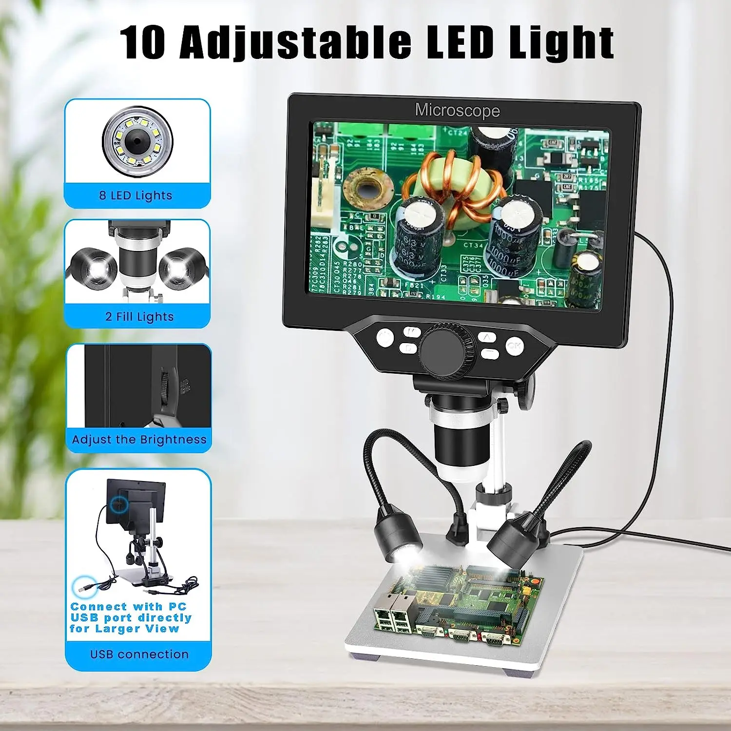 7인치 LCD 디지털 USB 현미경 1200X 배율 12MP 1080P 카메라 비디오 레코더, PC 뷰, 충전식 배터리, LED 채우기 조명