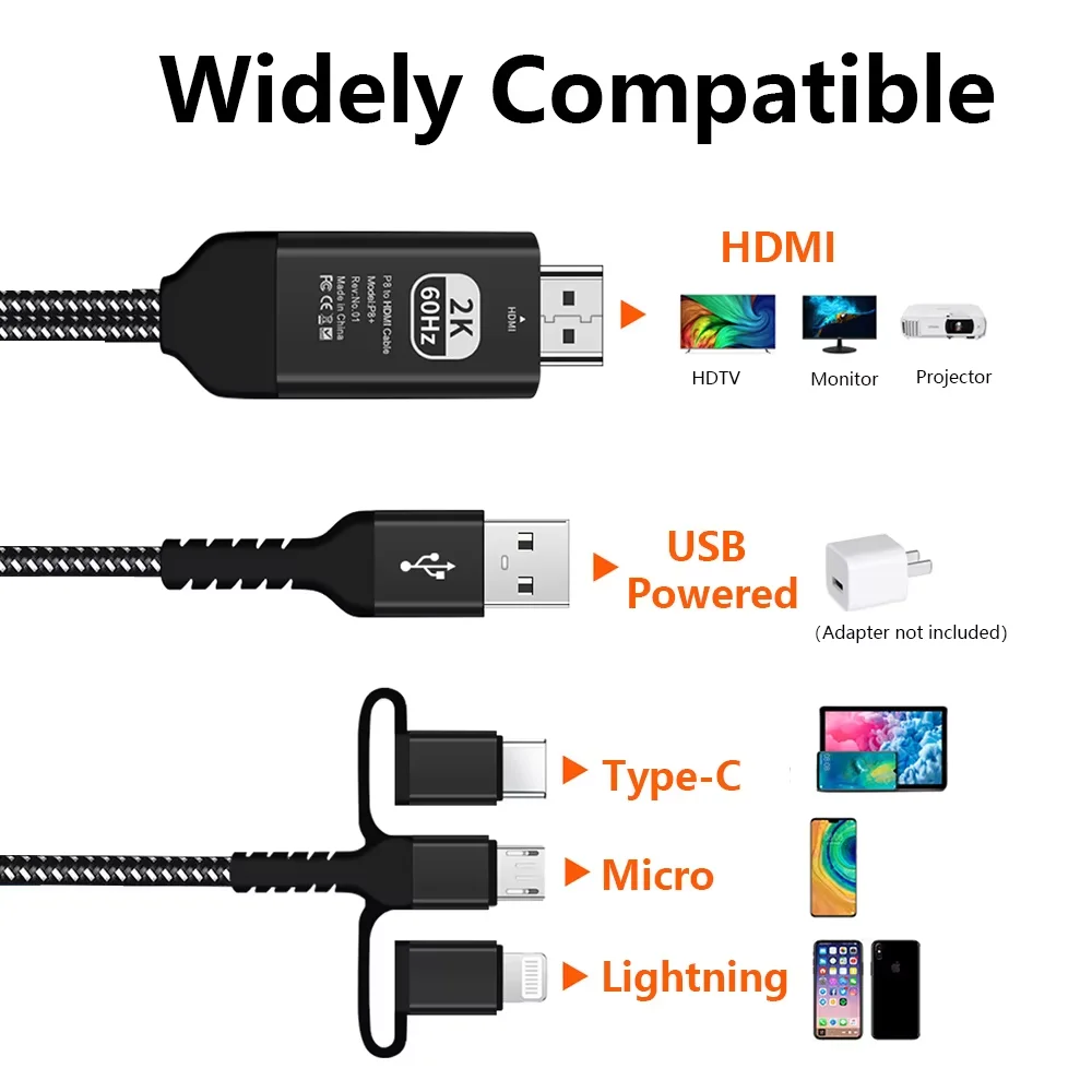 Universal 3-in-1 HDMI Phone to TV Converter Cable for HD Display Connection
