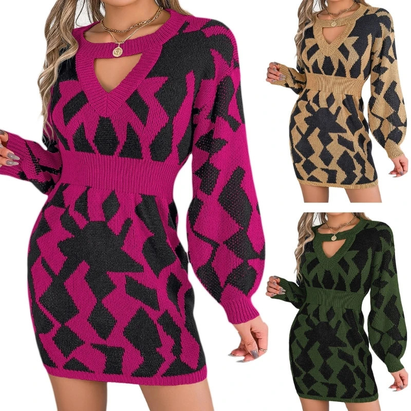 

Womens V Neck Fit Mini Sweater Dresses Casual Puff Long Sleeve Knit Bodycon Pullover Sweater Dresses Dropship