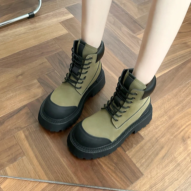 

Thick Heel Fashion Boots Women Lace Up Short Boots Women 2023 Winter New British Round Head Ankle Boots for Women Mujer