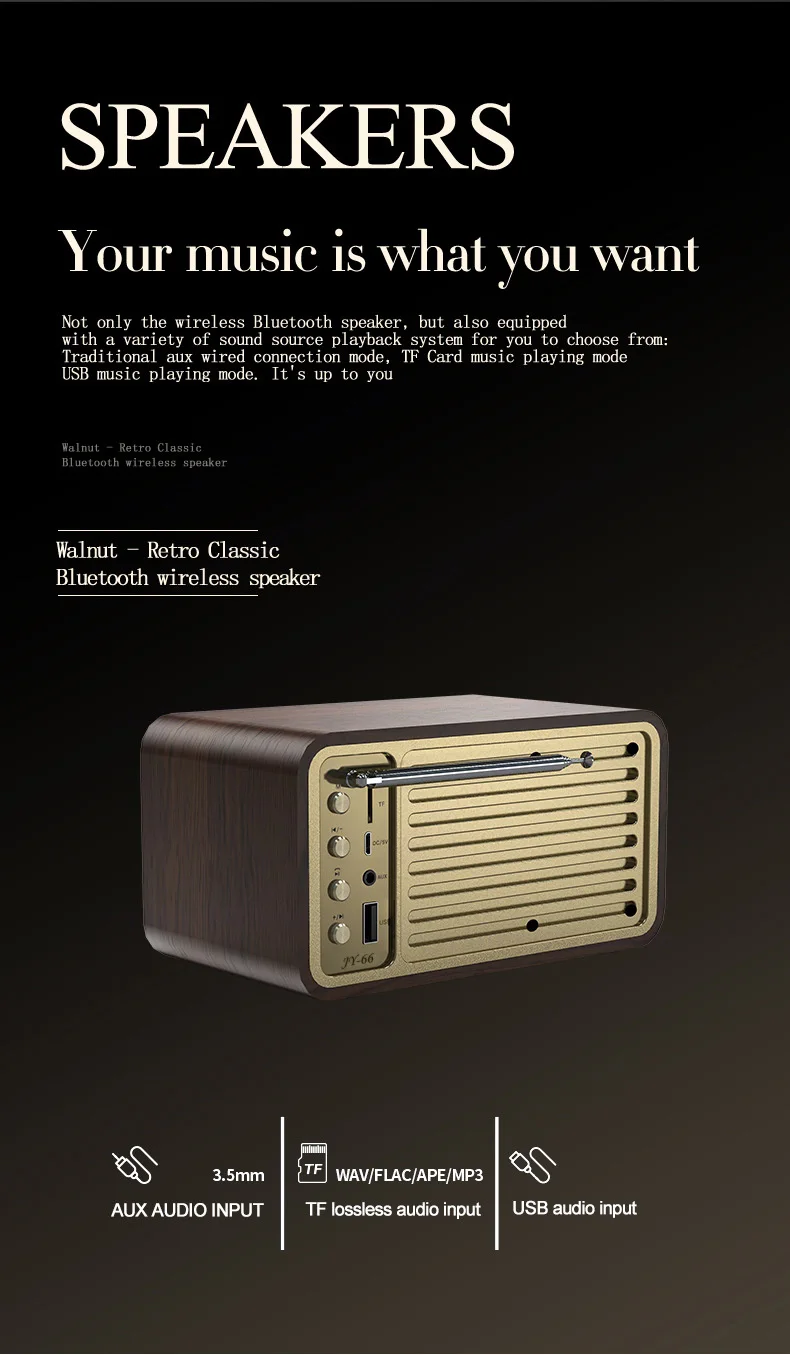 Portable BT 5.0 Super Powerful Retro Bluetooth Speaker Wooden Strong Bass with 1