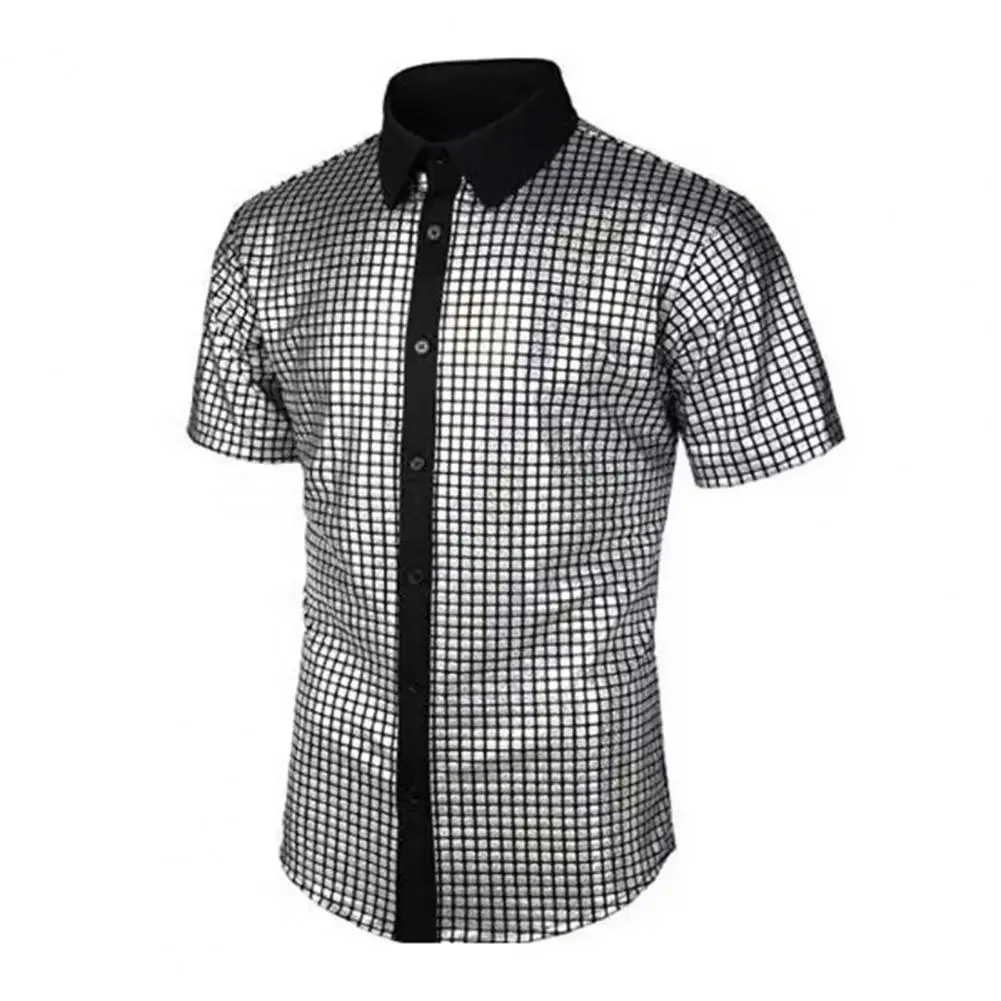 

Men Shiny Finish Shirt Stretchy Breathable Shirt Men's Slim Fit Performance Shirt with Turn-down Collar for Nightclub Festivals