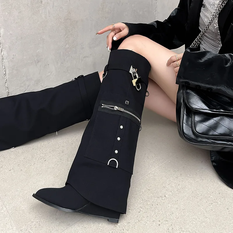 

Джинсовые складные ботфорты IPPEUM, женская обувь на высокой танкетке, модные дизайнерские складные ботфорты