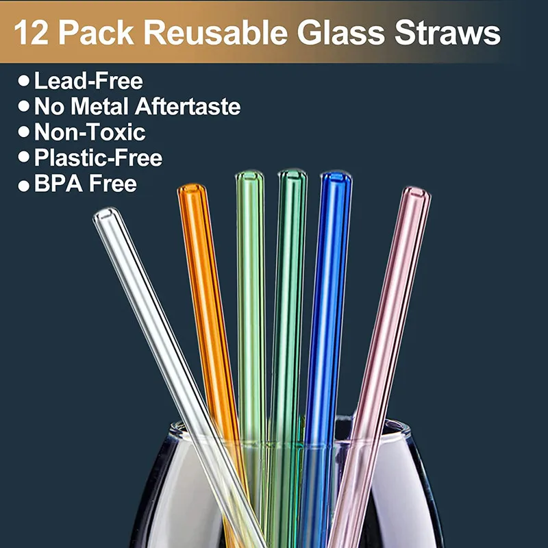 12-Pack Reusable Glass Straws, Clear Glass Drinking Straw, 10''x10 MM, Set  of 6 Straight and 6 Bent with 4 Cleaning Brushes - Perfect for Smoothies,  Milkshakes, Tea, Juice - Dishwasher Safe