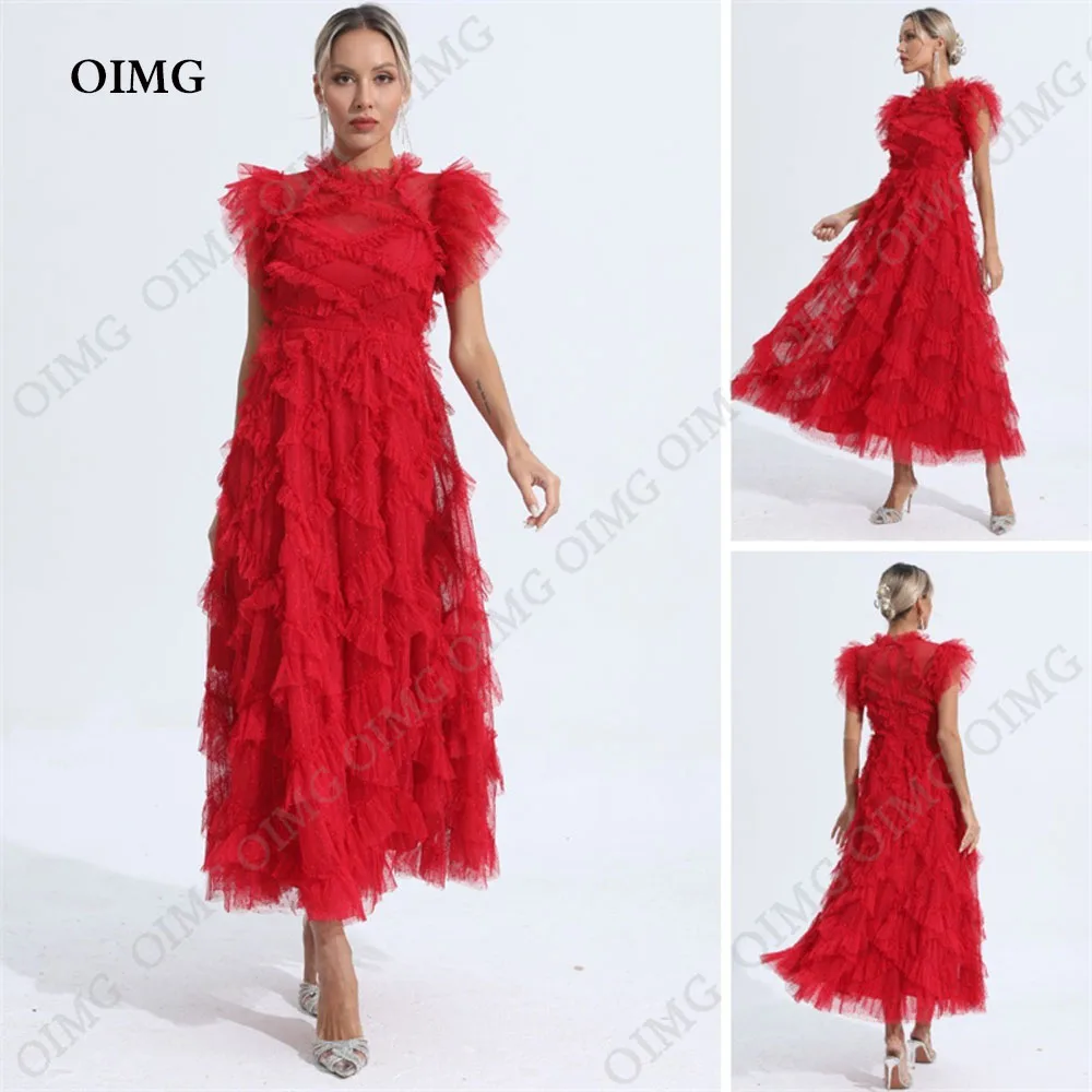 

OIMG Red Short Sleeves A Line Cape Sleeves Formal Evening Dresses O Neck Dots A Line Dubai Party Prom Gowns 2024 Robe De Soiree