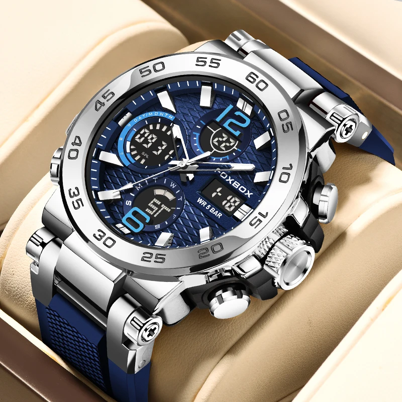 Watches For Men 50M Waterproof Clock Alarm     LCD Dual Display Wristwatch Quartz Military Sports Mens Watch_voghion.com