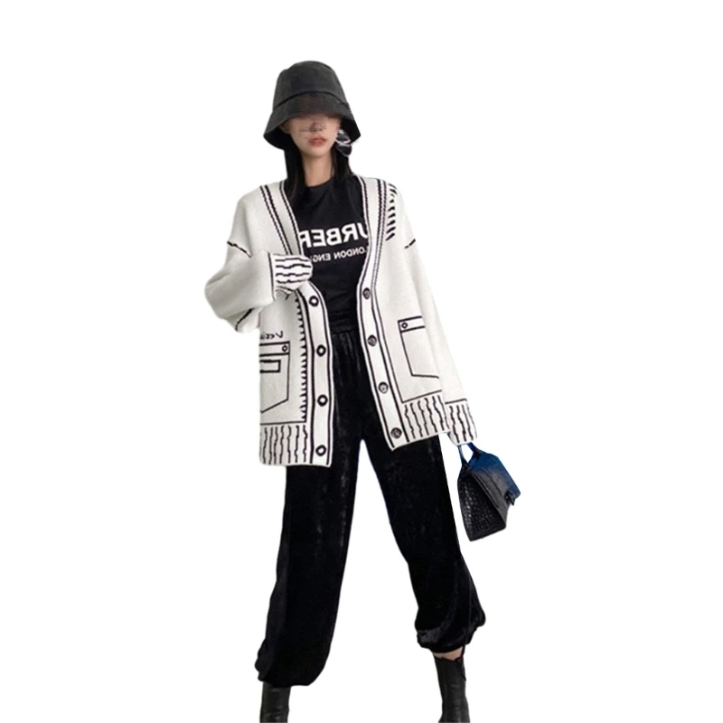 Y2K Harajuku Print Knitted Cardigan Top for Womens V-Neck Button Down Long Sleeve Oversized Loose Sweater Coat N7YF