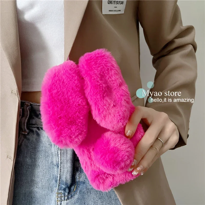 3D Rabbit Fluffy Fur Phone Case For Google Pixel 6 6A 7 7A 8